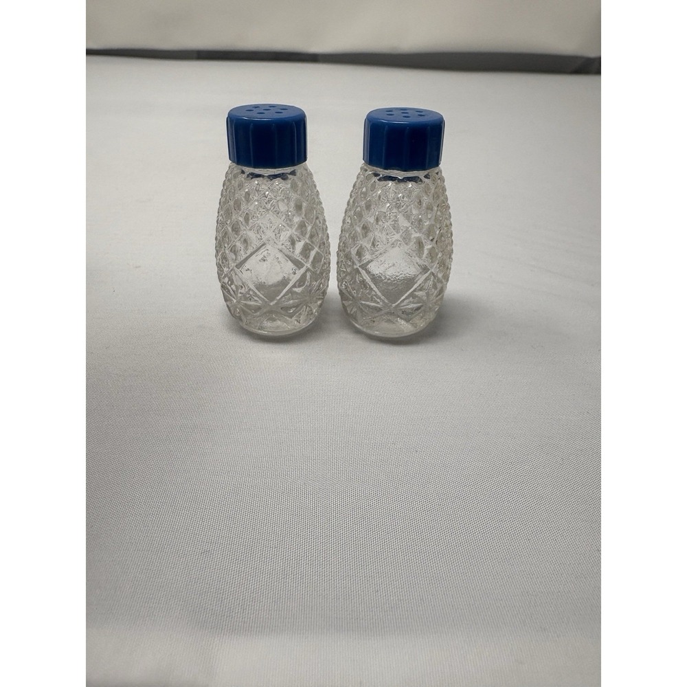 Blue Vintage Mini Individual Glass Salt And Pepper Shakers, Bakelite Lids 1930s